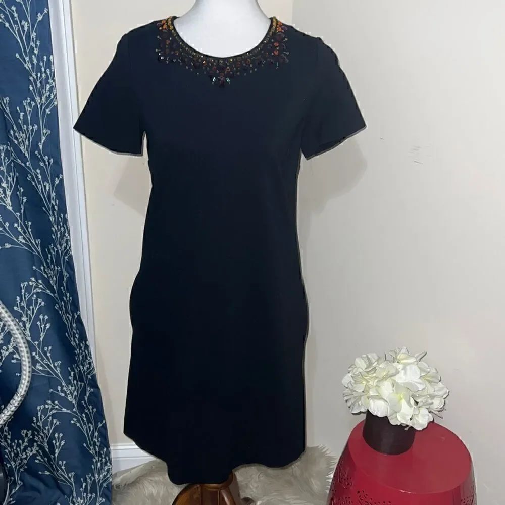 Kate Spade Glimmer Shift Dress Jewel Neck Short Sleeve Black sz 2 $348 MSRP